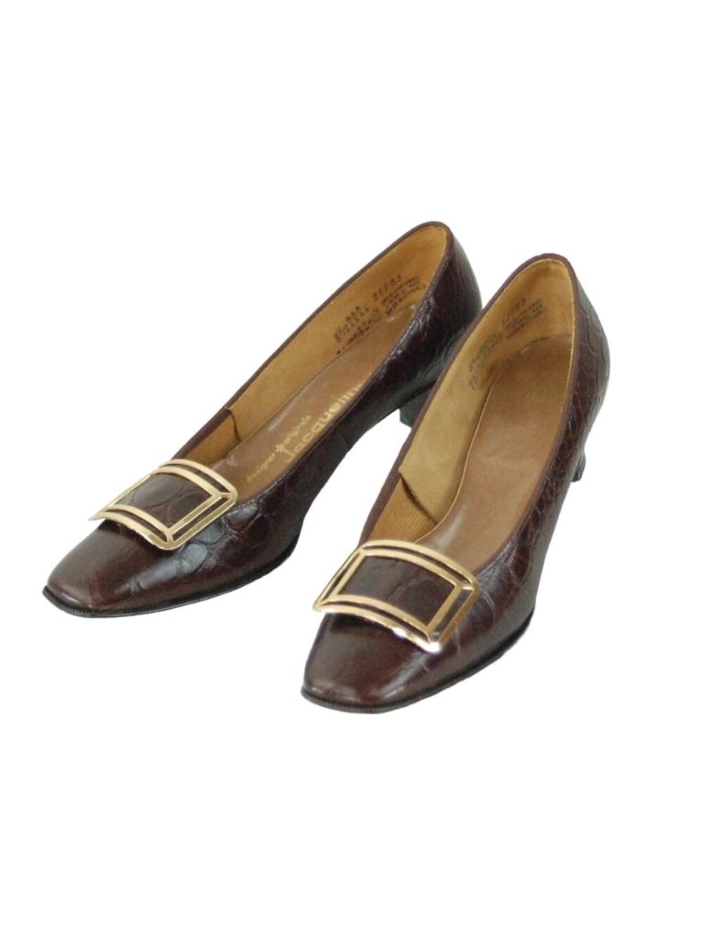 1970s shoes moc croc reptile brown pumps with removable shoe clips Size 8.5 AAA